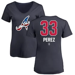 Martin Perez Atlanta Braves Women's Navy Name and Number Banner Wave V-Neck T-Shirt -