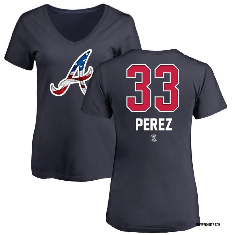 Martin Perez Atlanta Braves Women's Navy Name and Number Banner Wave V-Neck T-Shirt -